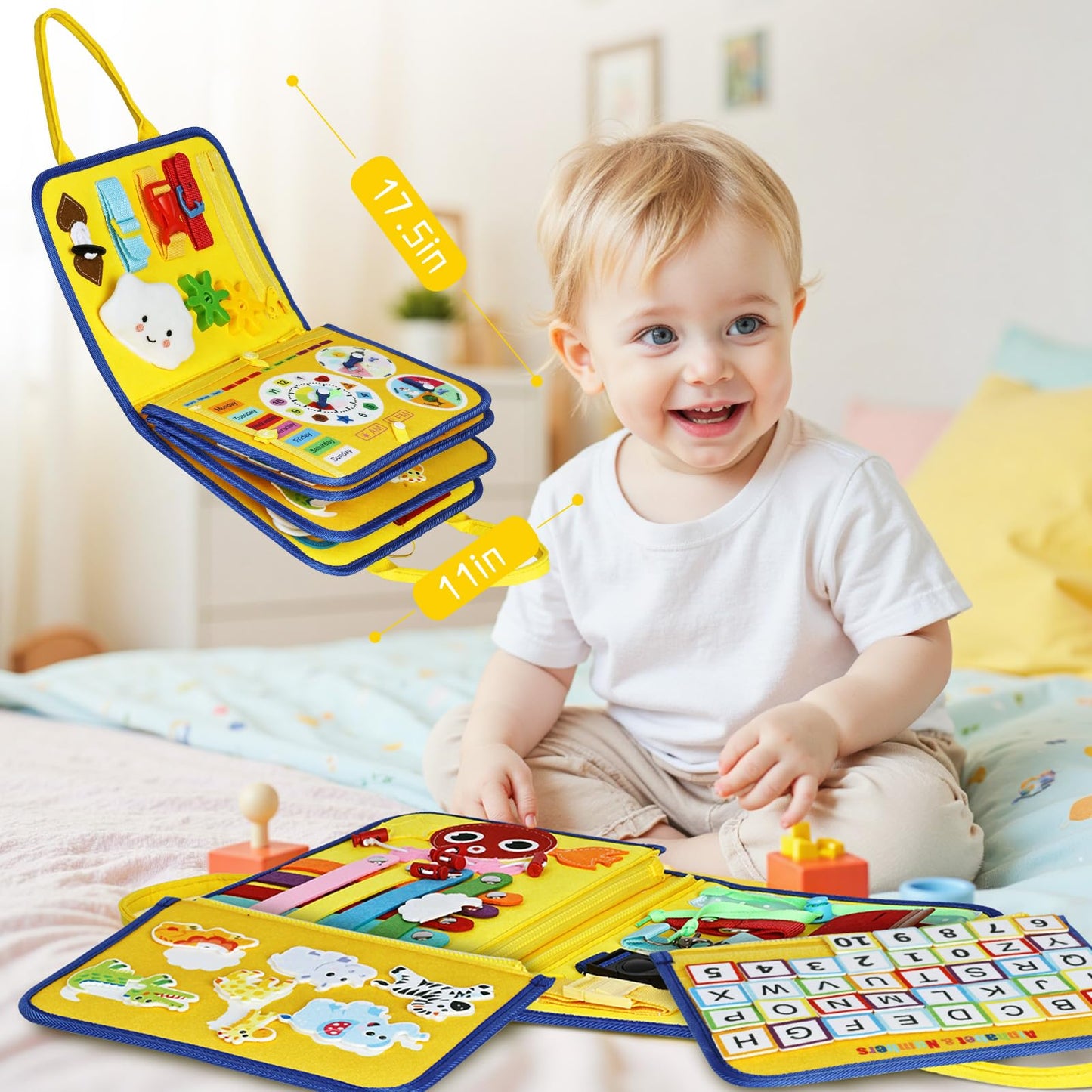 Esjay Toddler Busy Board - Montessori Sensory Book, Small Yellow Fabric Educational Toy, Model All win deer202104193268