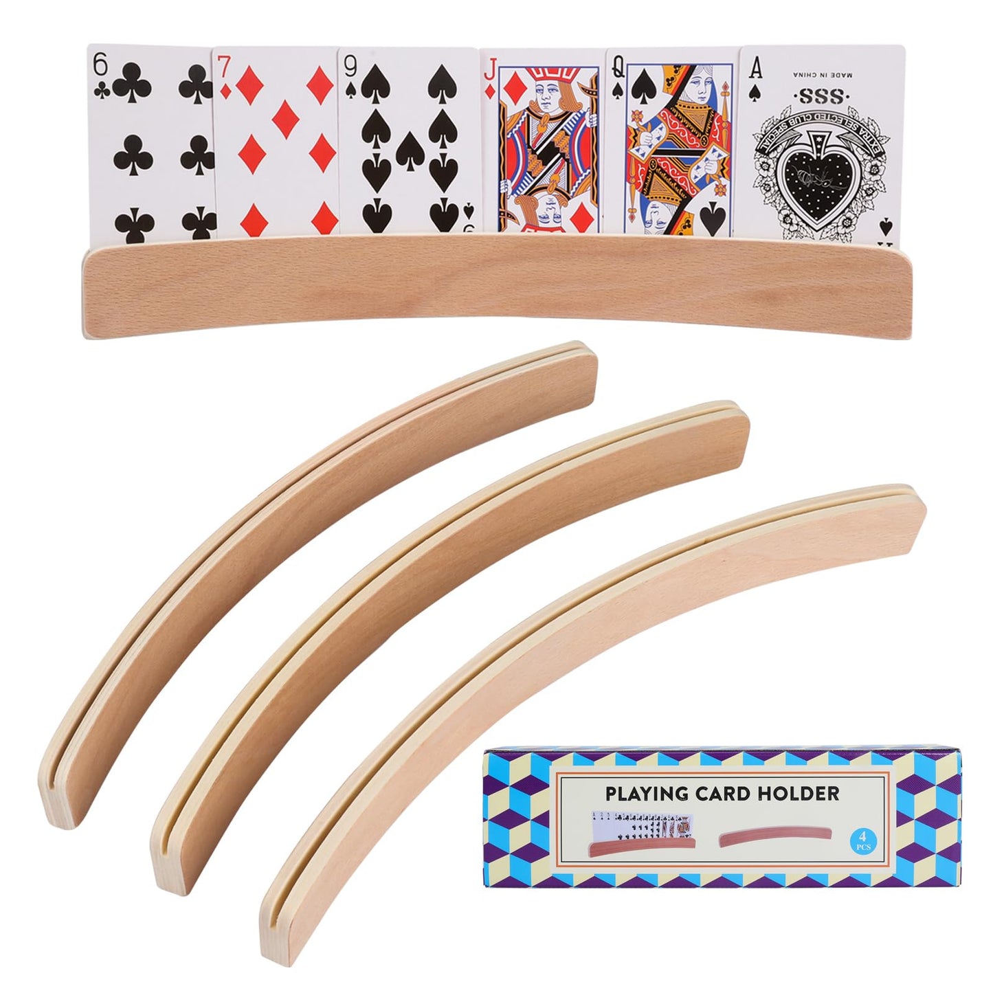Offelec 4 Pack Card Holders For Playing Cards - Curved Wooden Playing Card Holder Racks Tray Set For Kids Adults Seniors Family,