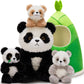 Tezituor 5-in-1 Panda Stuffed Animal Set with Bamboo Hut  Realistic Big Panda Plush Toy with 3 Babies  Birthday Gift Nursery Decor for Kids  Girls  Boys