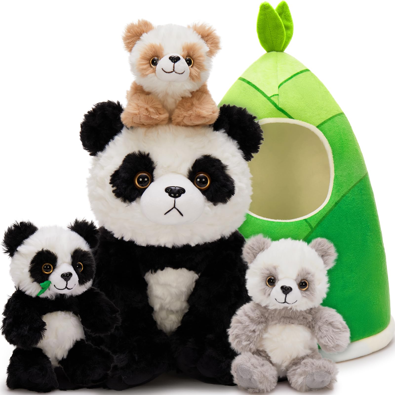 Tezituor 5-in-1 Panda Stuffed Animal Set with Bamboo Hut  Realistic Big Panda Plush Toy with 3 Babies  Birthday Gift Nursery Decor for Kids  Girls  Boys