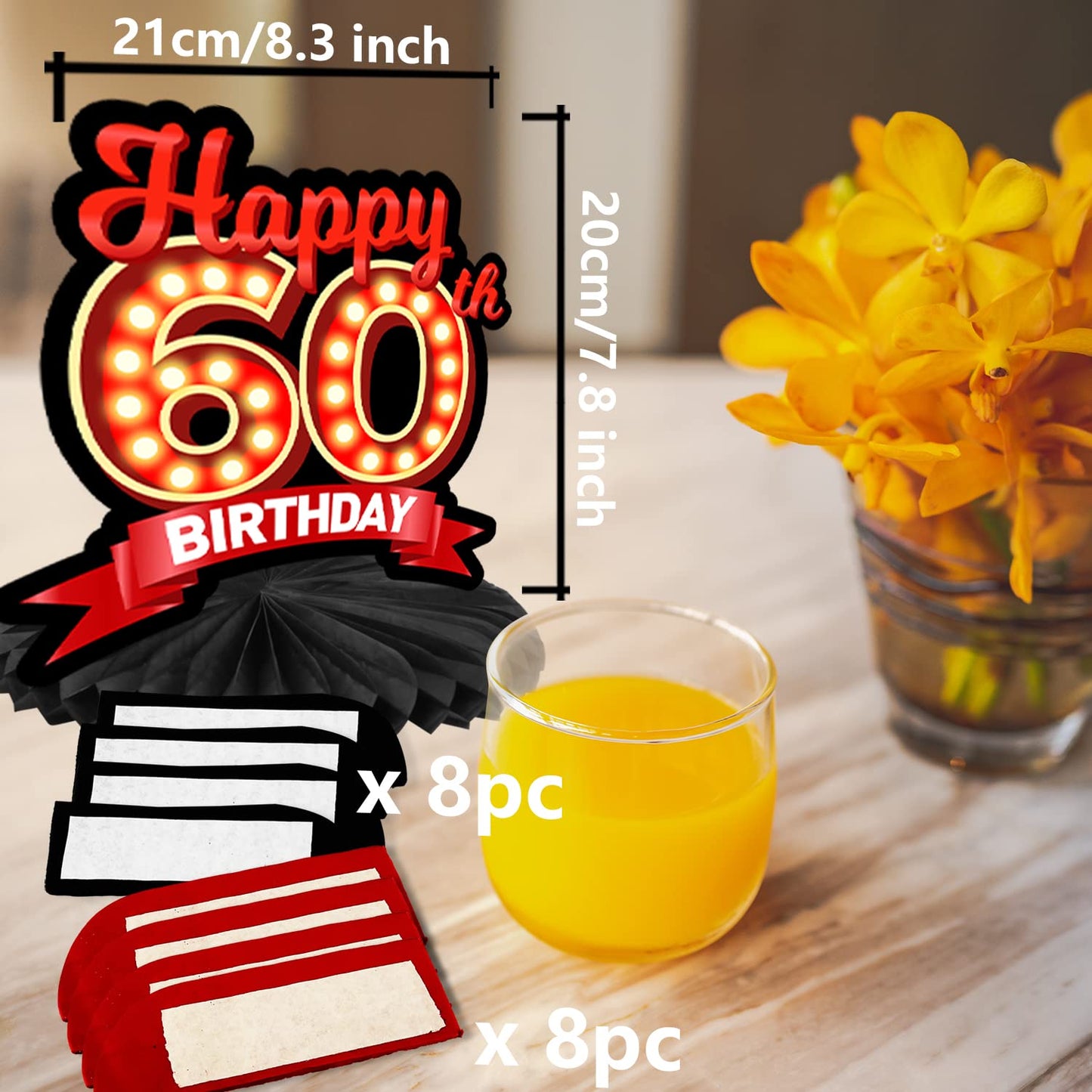Happy 60th Birthday Red and Black Table Honeycomb Centerpieces Balloons Theme Decor Table Decorations Table Toppers for Girls Wo