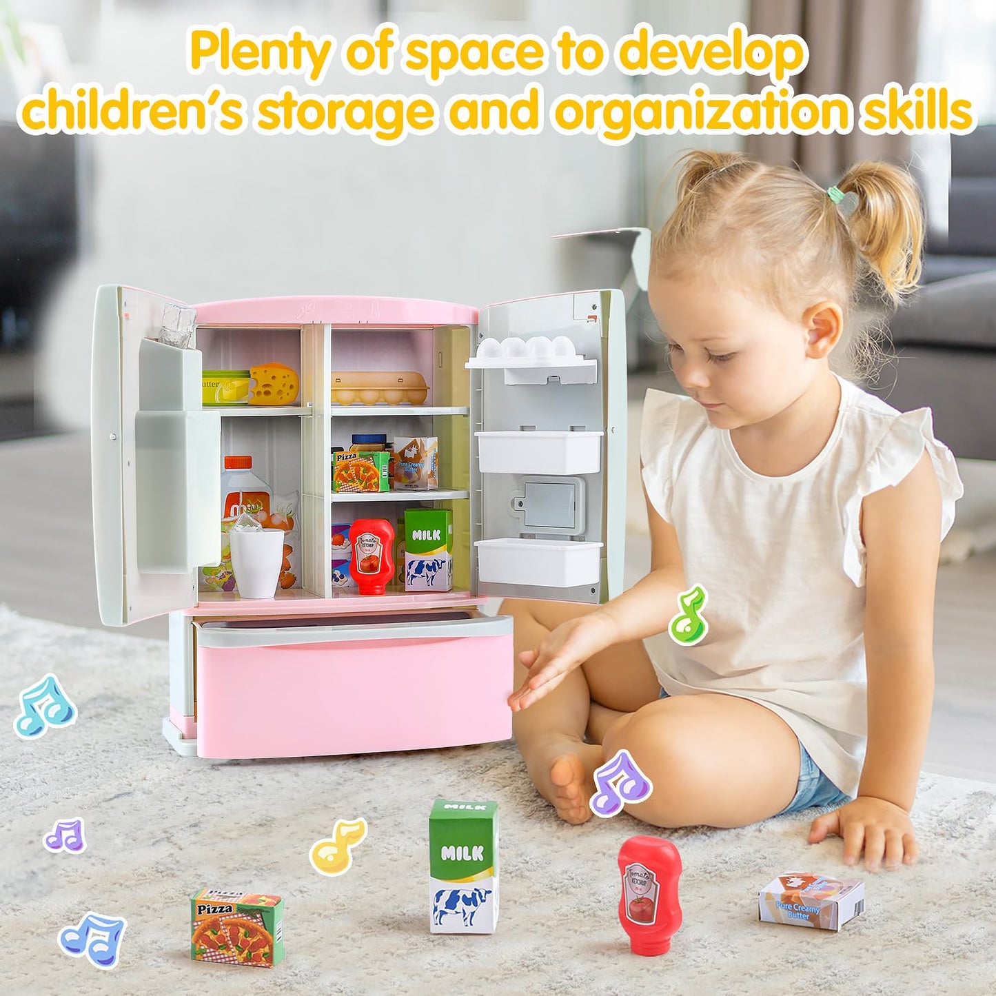 Play Kids Kitchen Refrigerator With Ice Dispenser, Pretend Kid Toy Fridge Kitchen Playset, Kitchen Appliance Accessories For Gir