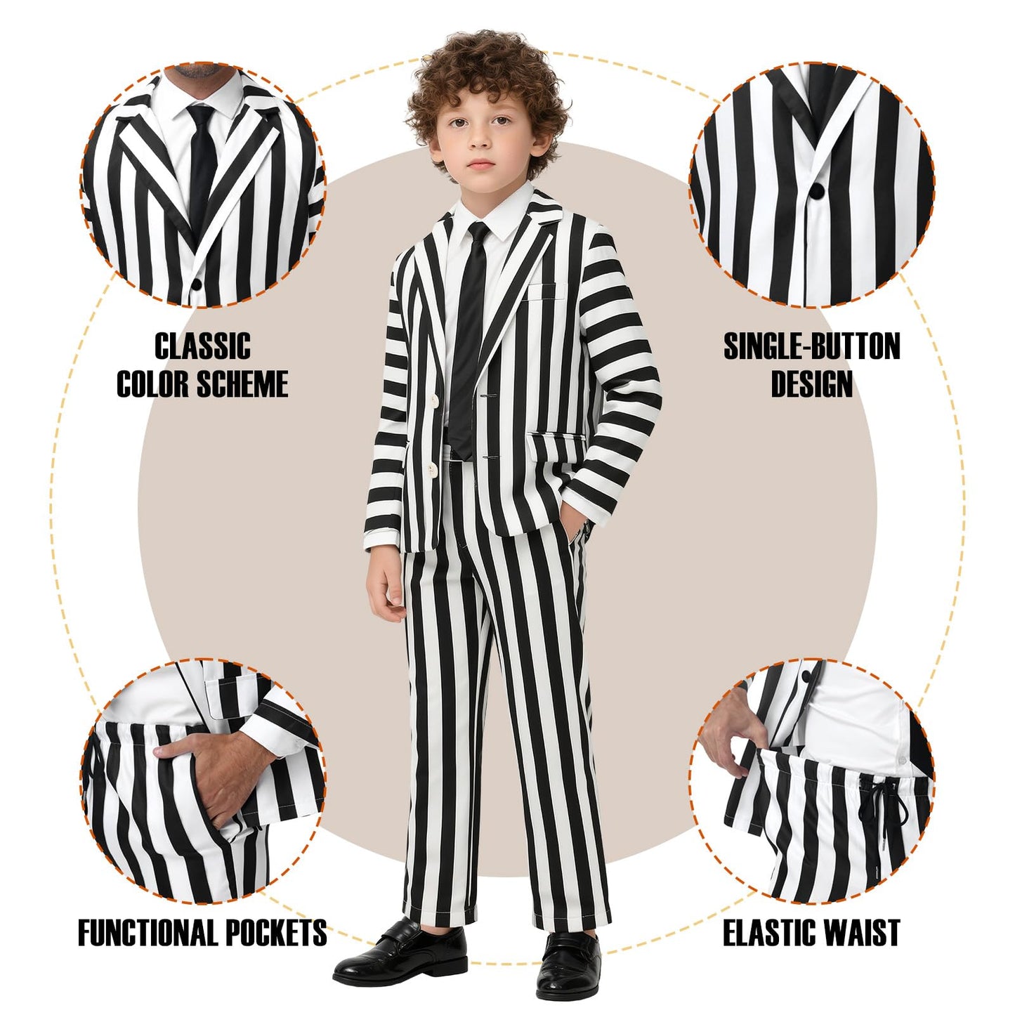 ERCAUX Black and White Striped Suit - Halloween Horror Costume  Scary Cosplay Outfit  Scary Movie Character Dress-Up (140)