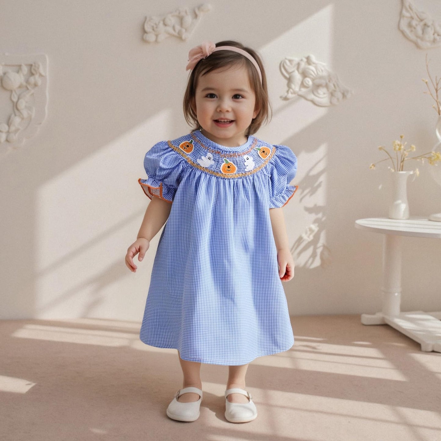Toddler Girl Back To School Clothes Embroidery Smocked Dress Doll Collar Sundress First Day Of Pre Kindergarten Outfit (Ghost Pu
