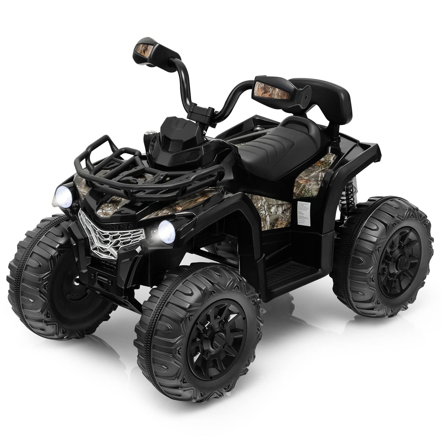 Costzon Kids Atv, 12V Four Wheeler Quad Electric Vehicle W/Forward/Backward Function, 2 Speeds, Music, Headlights, Storage Basket & Backrest, Toddler 4 Wheeler Toy Car For Boys Girls 3+ (Black)
