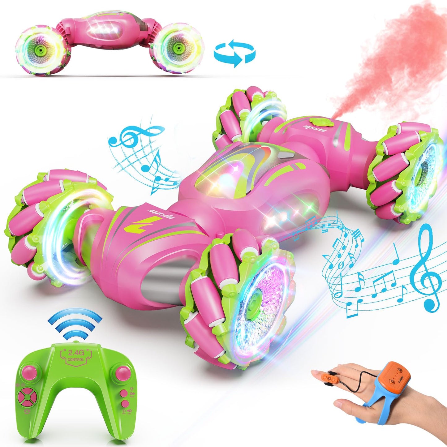 Nicella Remote Control Car, Pink RC Cars for Girls, Gesture Control Stunt Car with Light & Music, 4WD, 360 Rotating, 2.4Ghz Remo