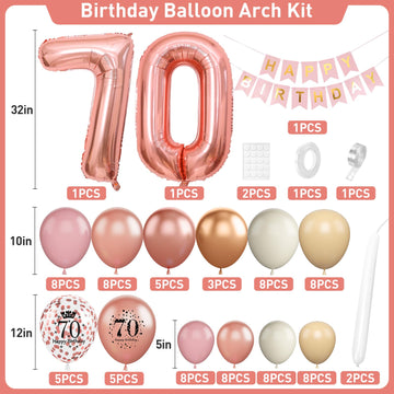 70Th Birthday Decorations For Women,Rose Gold 70Th Birthday Balloon Arch Garland Kit With Happy 70Th Birthday Number 70 Foil Bal