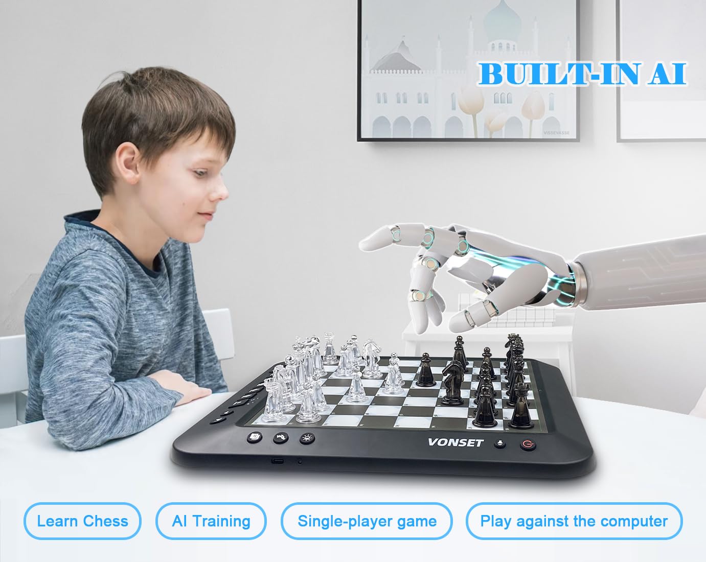 Vonset P6 Electronic Chess Computer - Smart Chess Board with LED for Kids & Adults, Talking Magnetic Chess Set