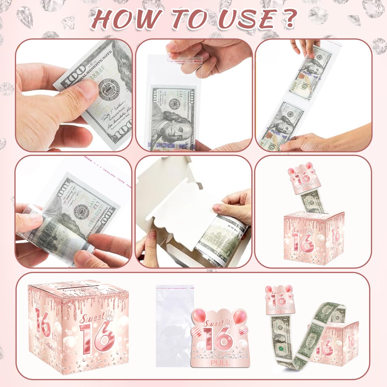 Sweet 16 Party Decorations, Rose Gold 16Th Birthday Money Boxes For Girls, Sweet 16 Money Pull Box, 16 Year Old Surprise Money B