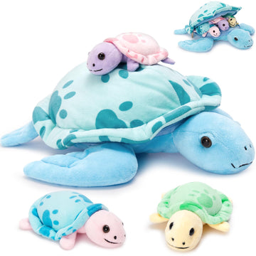 Muiteiur Sea Turtle Stuffed Animal Soft Mommy Turtle Plush Toy With 3 Babies Turtle Plushies Multicolored Stuffed Sea Turtle For Kids Girl Boy(Blue)