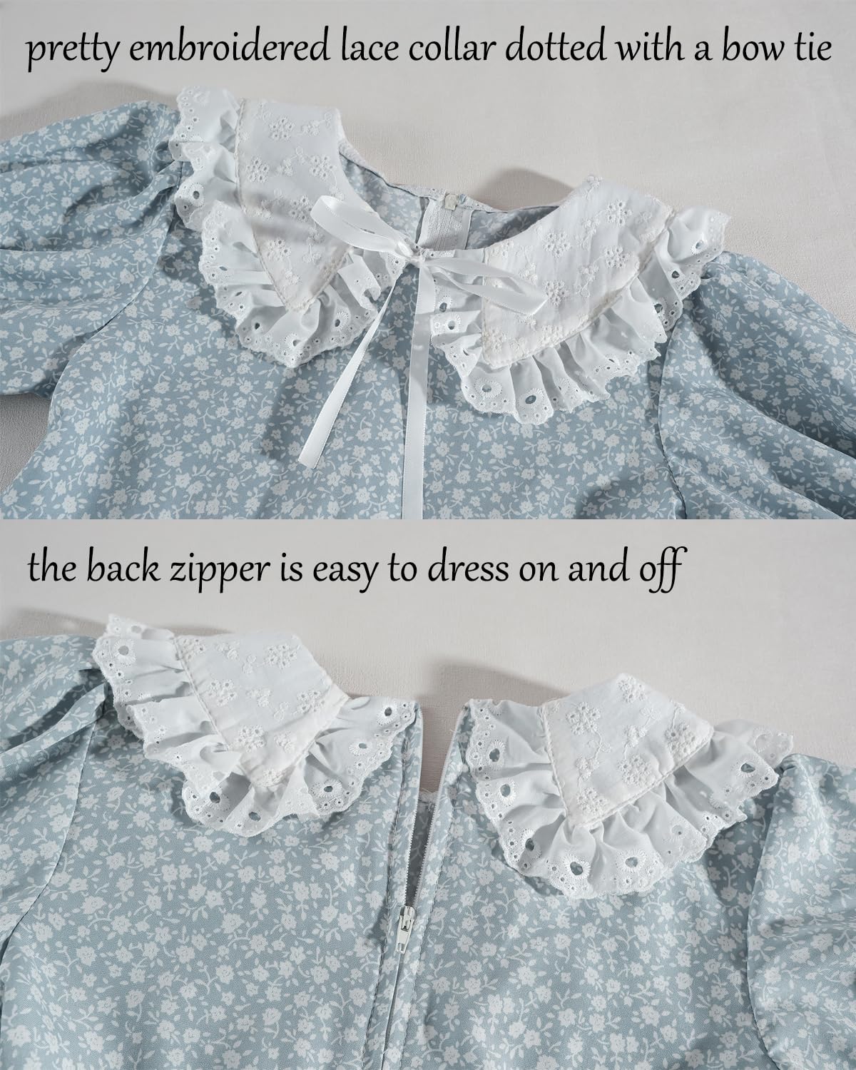 LTAKK Pioneer Dress Girls Colonial Costume Prairie Pilgrim Girl Dresses with Ruffled Pinafore, Stone Blue, Medium, age over 4 ye