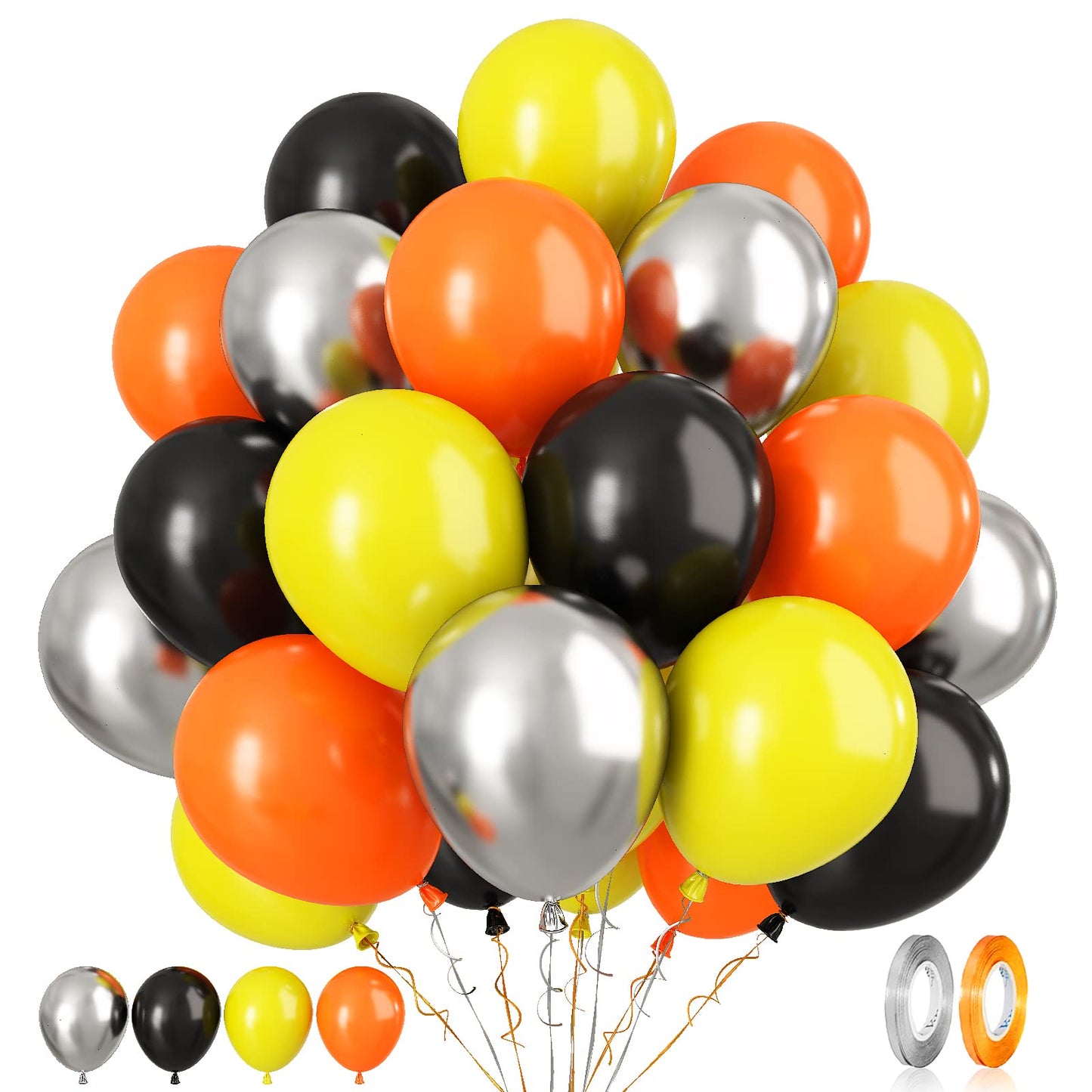 Paready 60 Pcs Balloons Set, 12 Inch Rubber Balloons in Black, Orange, Yellow & Metallic Silver for Kids Car Theme Birthday Decorations
