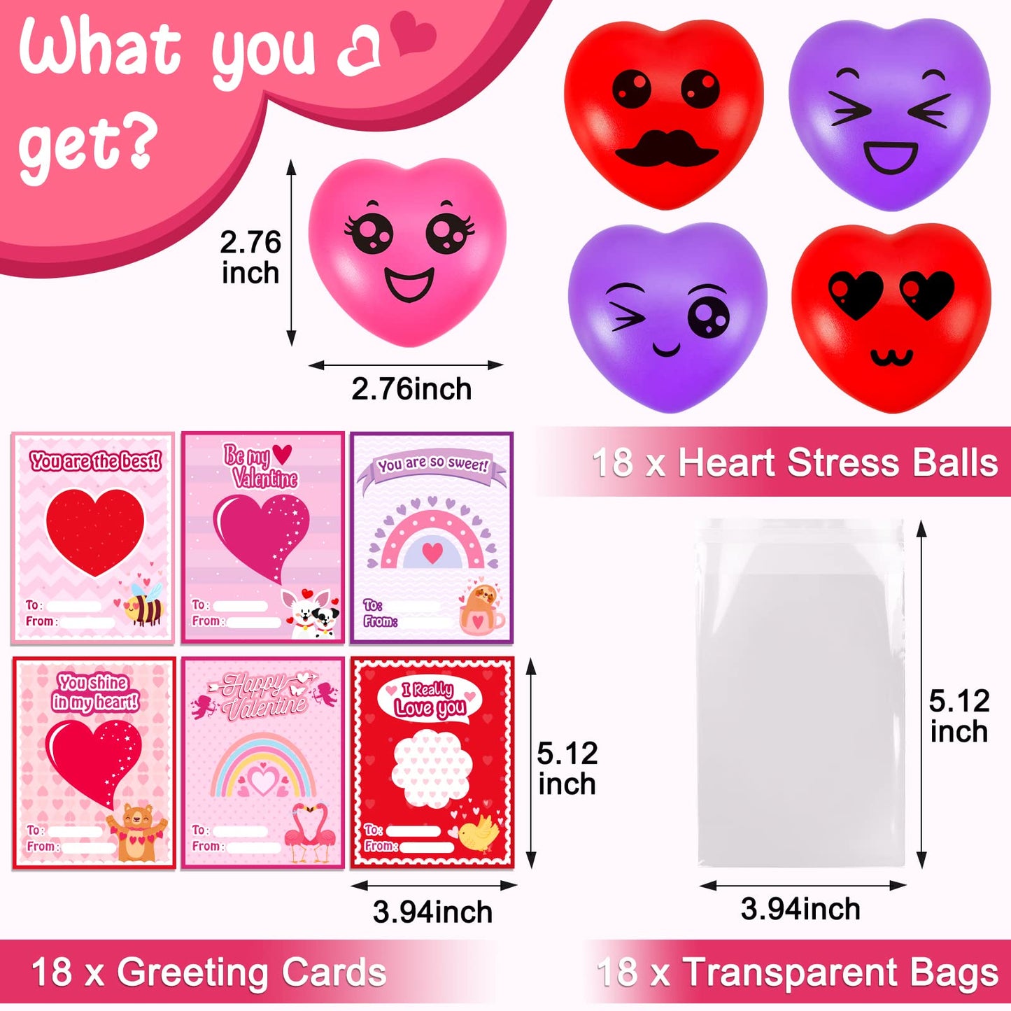 MGparty 18 Pack Valentines Heart Stress Balls with Valentine Cards Heart Squishies Toy for Kids Classroom Exchange Stress Relief