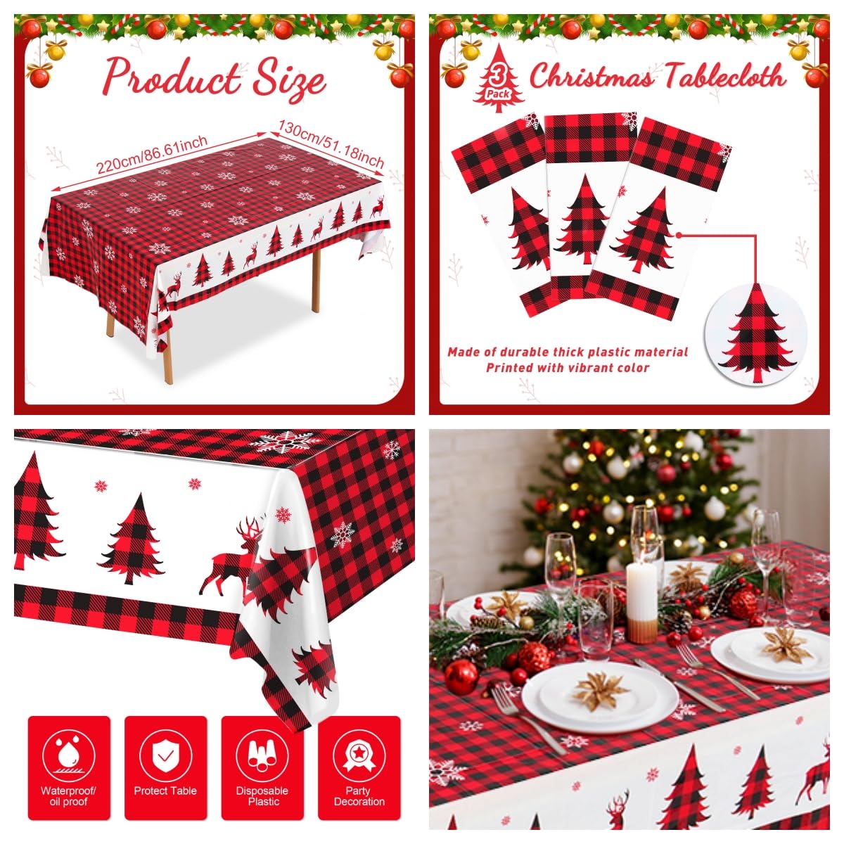 3PCS Christmas Tablecloth, Red and Black Buffalo Plaid Rectangular Plastic Christmas Tablecloth, Winter Snowflake and Reindeer D