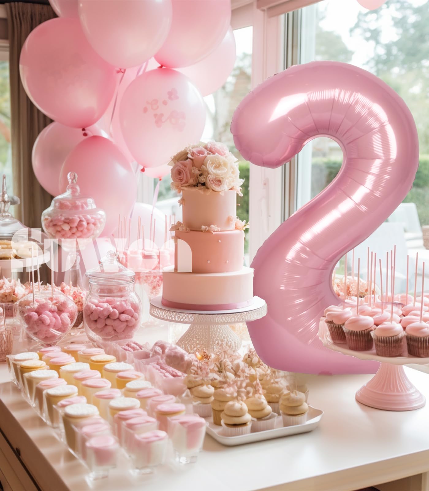 Suwen 40 Inch Pink Large 2 Number Balloons Big Foil Helium Number Balloons 0-9 Jumbo Happy 2Nd Mylar Birthday Party Decorations