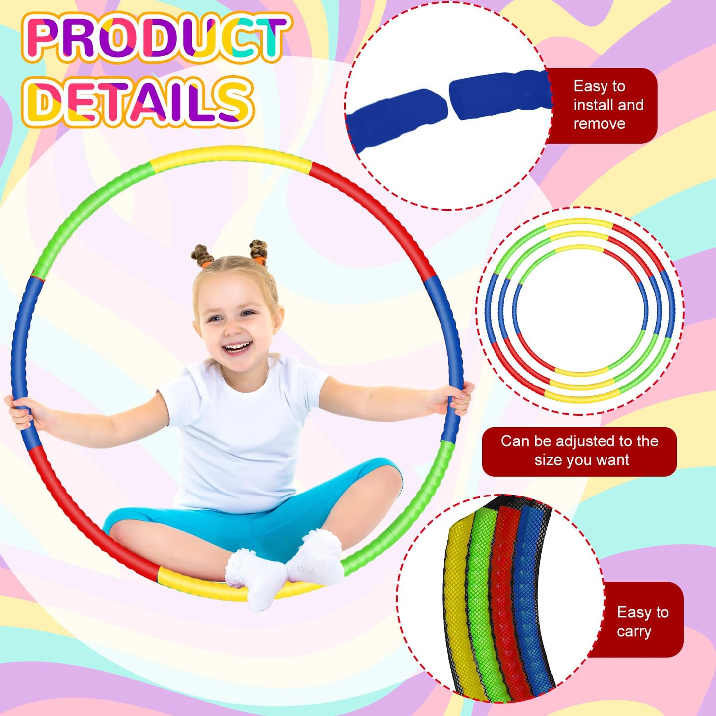 Syhood 12 Pcs Toy Color Hoop Plastic Detachable Adjustable Hoop Light Weight Exercise Fitness Equipment Toy Waist Ring for mature-themed Party  3 Sizes(Green  Pink  Yellow  Dark Blue)
