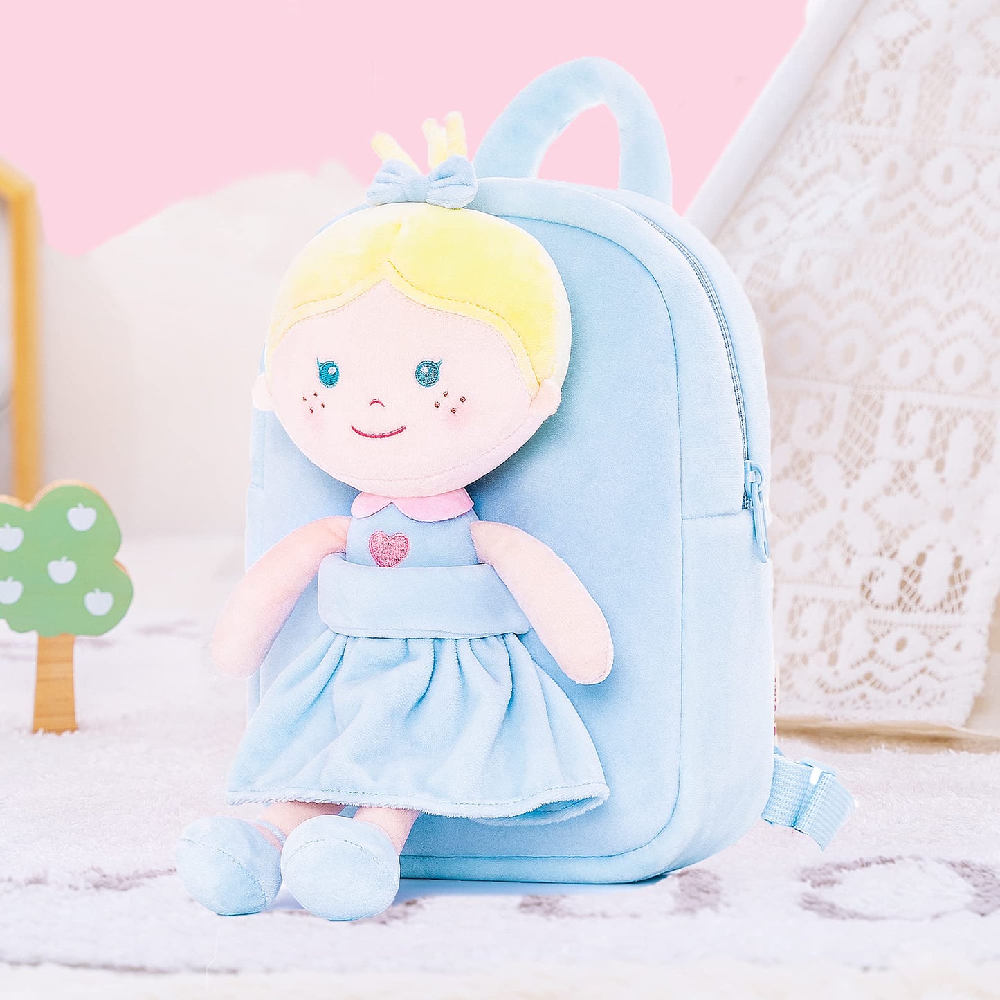 Onetoo Toddler Backpack Kids Backpacks With Soft Tanned Baby Dolls In Blue Heart Dress 9.5''