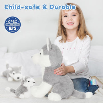 Muiteiur Dog Stuffed Animal Soft Plush Husky Zippered Belly Inside With 2 Cute Baby Puppy Great Gift Set For Kids, 16Inch