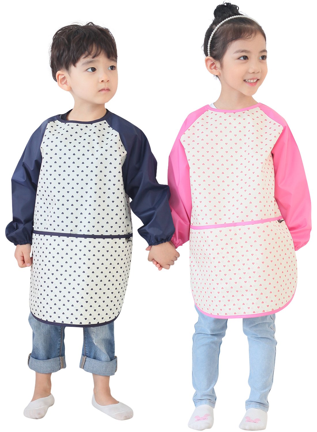 Plie Waterproof Kids Art Smocks 37 Colors (Age 1-10, S-XXL size), Pink Heart Dot (27-M)