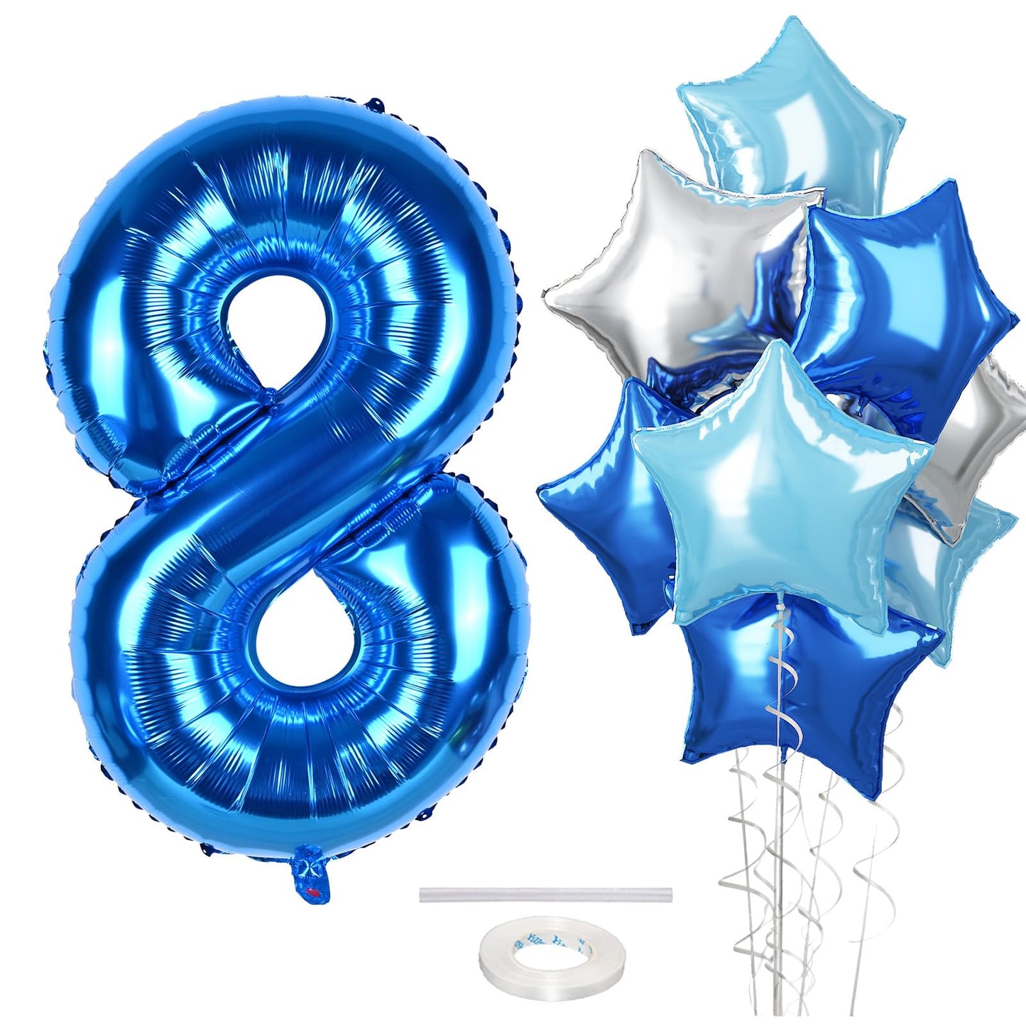 Big Foil 8 Balloon, 40 Inch Dark Teal Blue Self Inflating Number 8 Balloons For Kids 8Th Birthday, Silver Light Royal Blue Globo