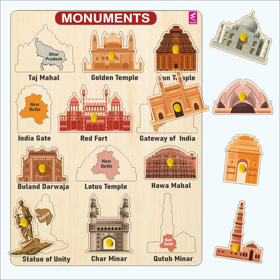 WISSEN Wooden Hide & Seek Monuments/State Match Peg Board Puzzle  Fun Learning Toy for Kids