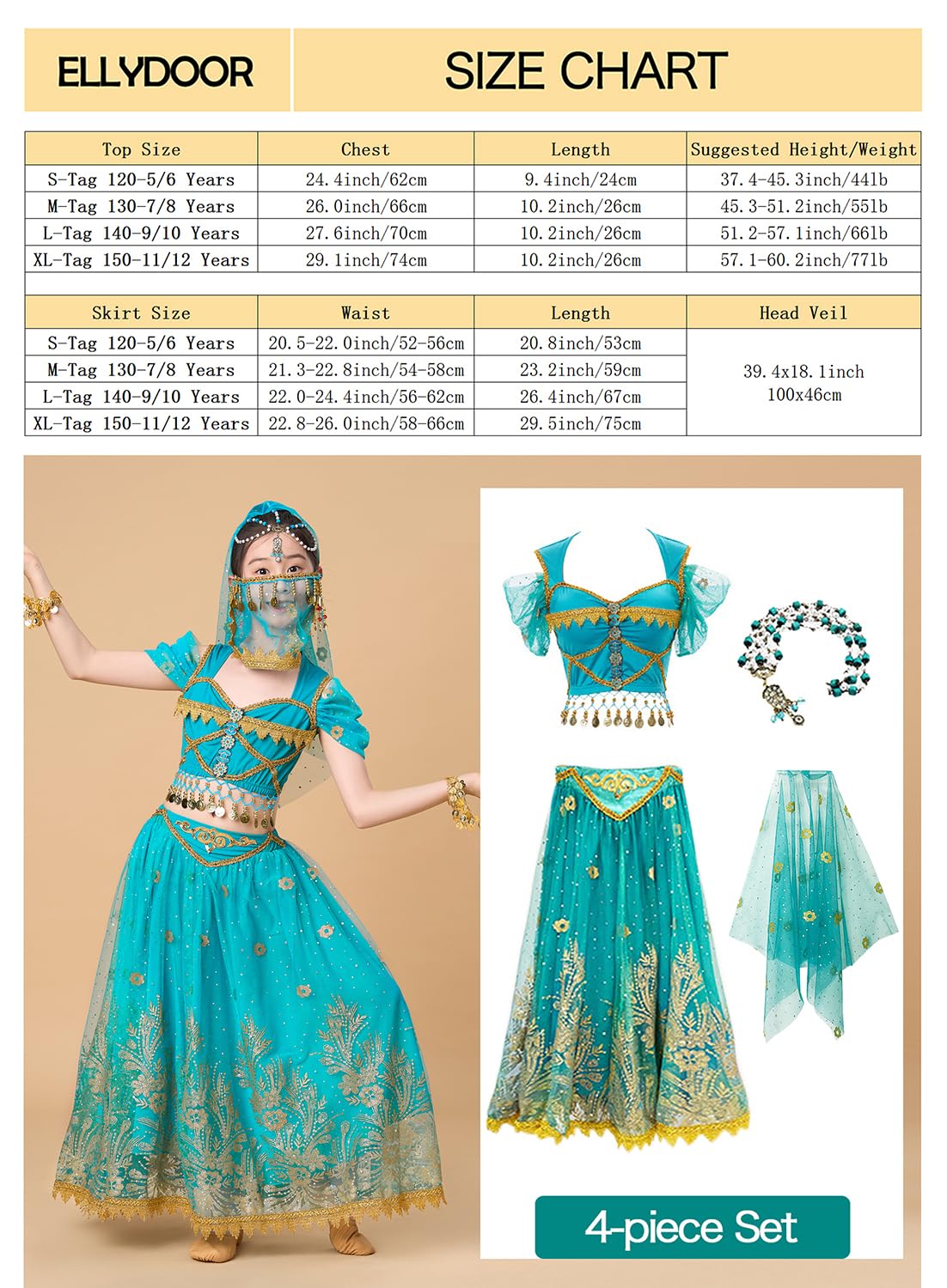 Ellydoor Princess Jasmine Costume For Girls Aladdin Dress Up Halloween Cosplay Party Belly Dance Outfit Blue, Tag 120