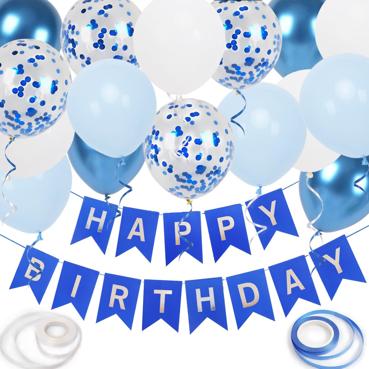 Happy Birthday Banner, Blue Birthday Decoration, 16 Pcs 12In Happy Birthday Balloons With 2 Ribbons For Boys And Men Any Ages Bi
