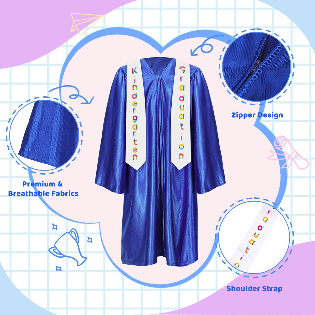 Wikitot Kindergarten Graduation Cap And Gown - Royal Blue Preschool Graduation Outfit With 2025 & 2026 Tassels, Badge, Stole For
