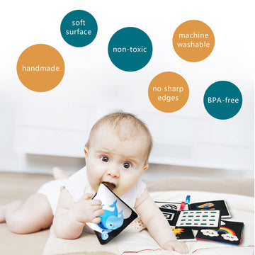Aminfun Soft Cloth Baby Book Toy,Black White Fabric Baby Learning Book(Pack Of 4),Touch And Feel Crinkle Sound,Early Educational