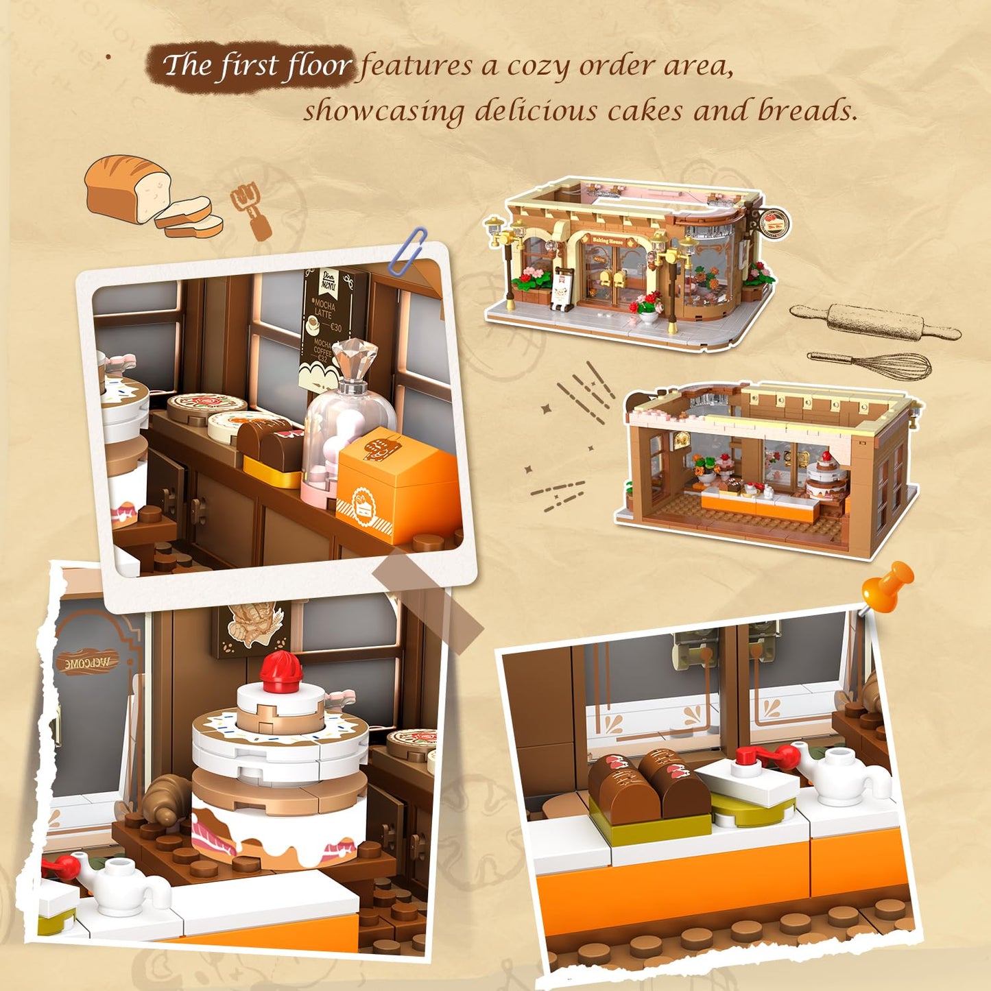Insoon City Bakery Cafe House Building Set With Light, 1289 Pcs Baking Shop Building Block Toy With Coffee Cake Bread Bakery Roo