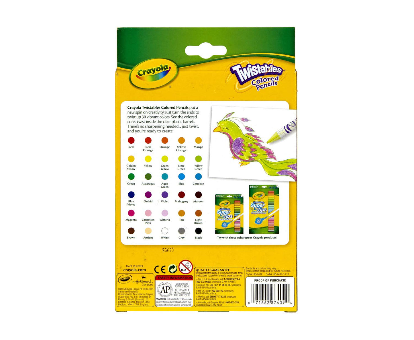 Crayola Twistables Colored Pencils, Always Sharp, 30 Count, Assorted Colors, Wood, Model 68-7409