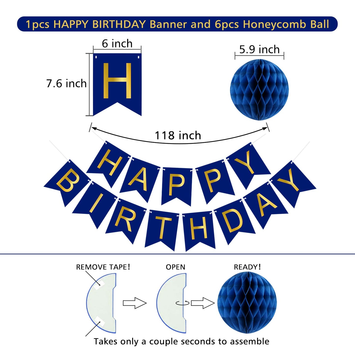 Navy Blue Birthday Decorations With Happy Birthday Banner, Paper Honeycomb Balls, Circle Garland And Hanging Swirl Decorations, Navy Blue Birthday Party Decorations, Birthday Decorations For Men