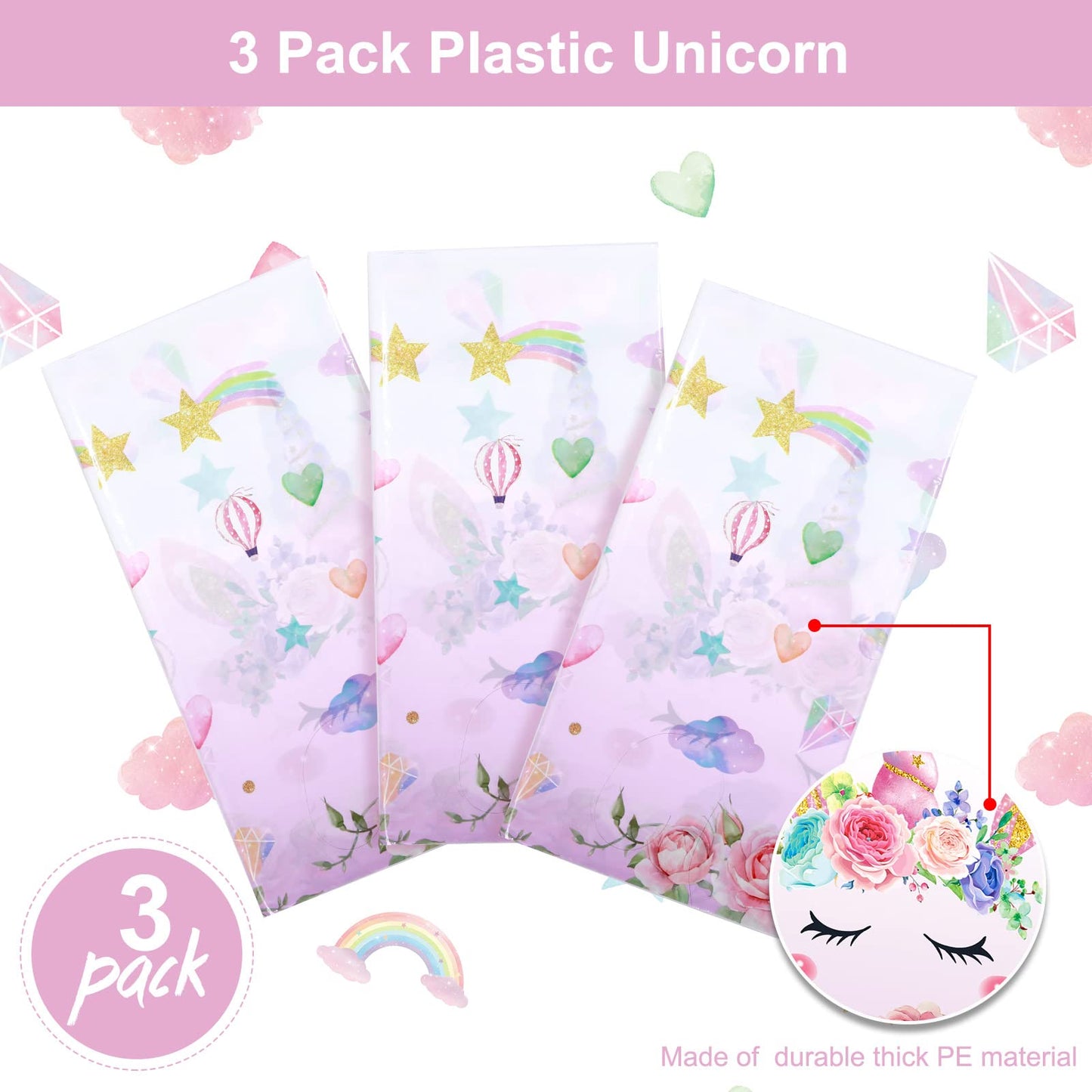 3 Pieces Unicorn Tablecloth Unicorn Table Covers Unicorn Themed Table Cloth Disposable Plastic Magical Unicorn Tablecloth for Bi