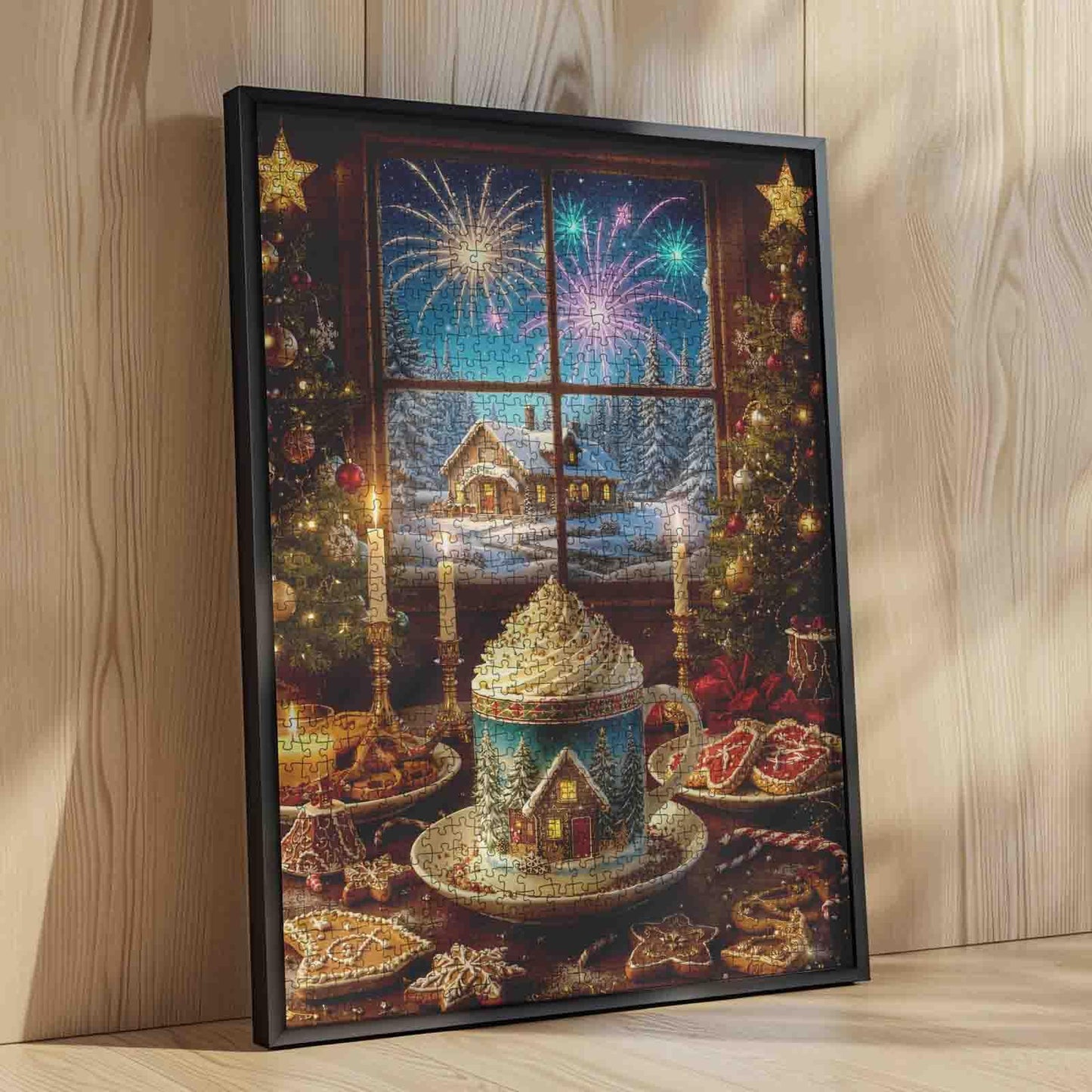 Cream Holiday Mug Gingerbread Cookies Christmas Fireplace 1000 Piece Jigsaw Puzzle for mature-themeds Students Cozy Winter  Window View 20?27 Inches Relaxing Festive Game Warm Atmosphere Decor