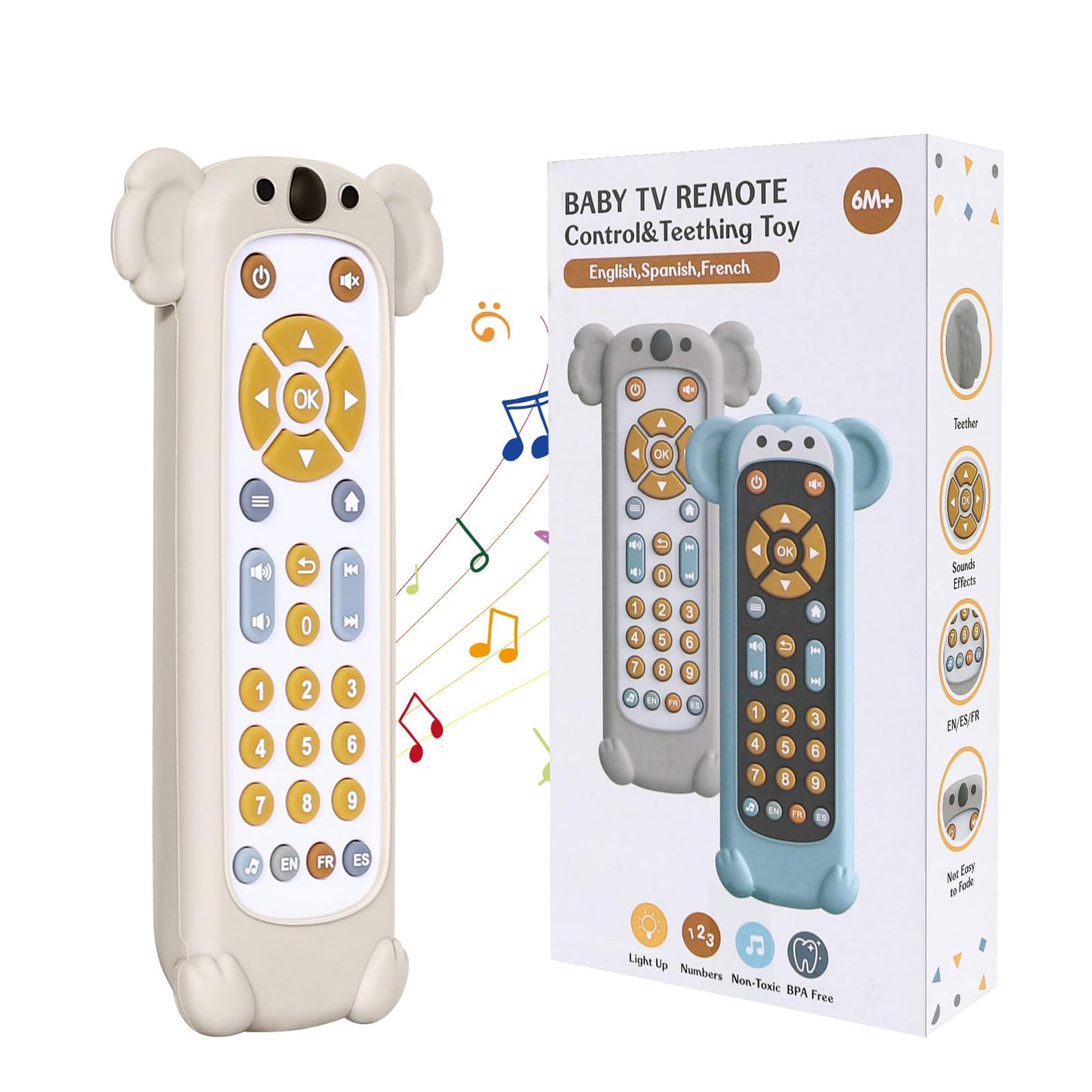 Orzbow Baby Remote Control Toy For 6 Month+ With Silicone Teether Cover, Tv Remote Toy With Realistic Light And Sound - English, French And Spanish For Infant Play Remote Musical Toys, Bpa Free, White