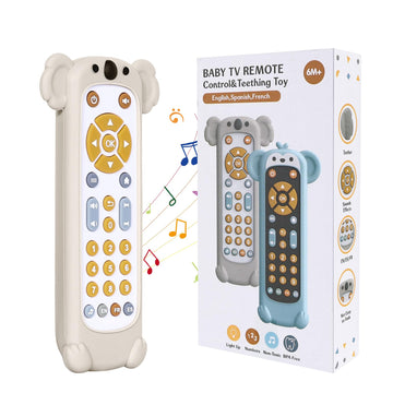 Orzbow Baby Remote Control Toy For 6 Month+ With Silicone Teether Cover, Tv Remote Toy With Realistic Light And Sound - English, French And Spanish For Infant Play Remote Musical Toys, Bpa Free, White