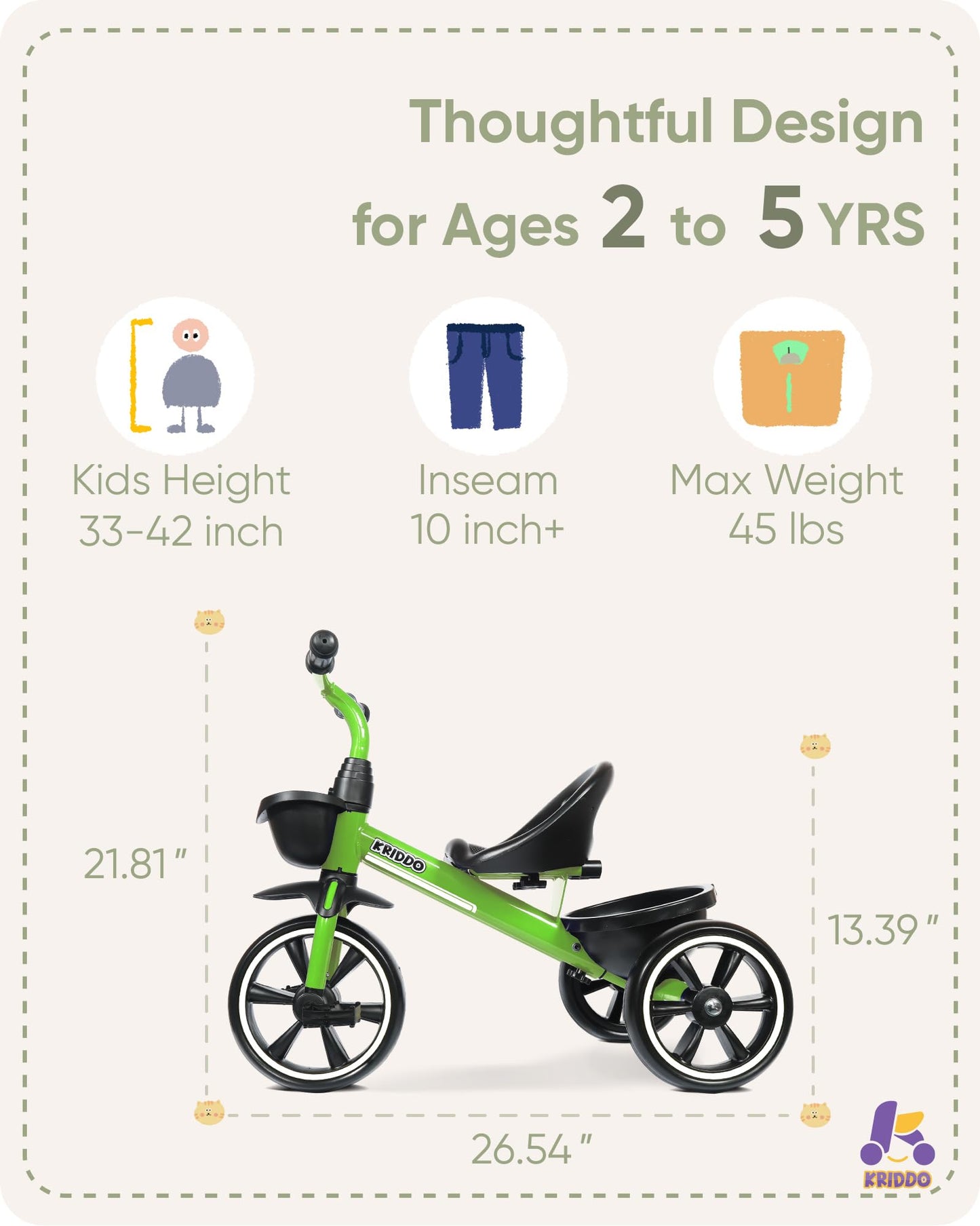 KRIDDO Tricycle for Kids Age 2-4, Large Green Toddler Trike, Carbon Steel, Model TC003-Green