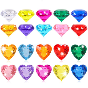Niceup 56pcs Heart and Diamond Diving Gems 1.57in Princess Party Decoration Favors Crystal Acrylic Heart Shape Gemstones for Summer Swimming Training Pool Toys (26pcs Diamond + 30pcs Heart)