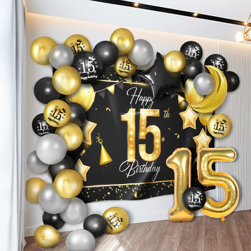 Happy 15Th Birthday Balloons Gold Set Decor - Cheers To 15 Years Old Party Theme Garland Star Moon Banner Backdrop Decorations F
