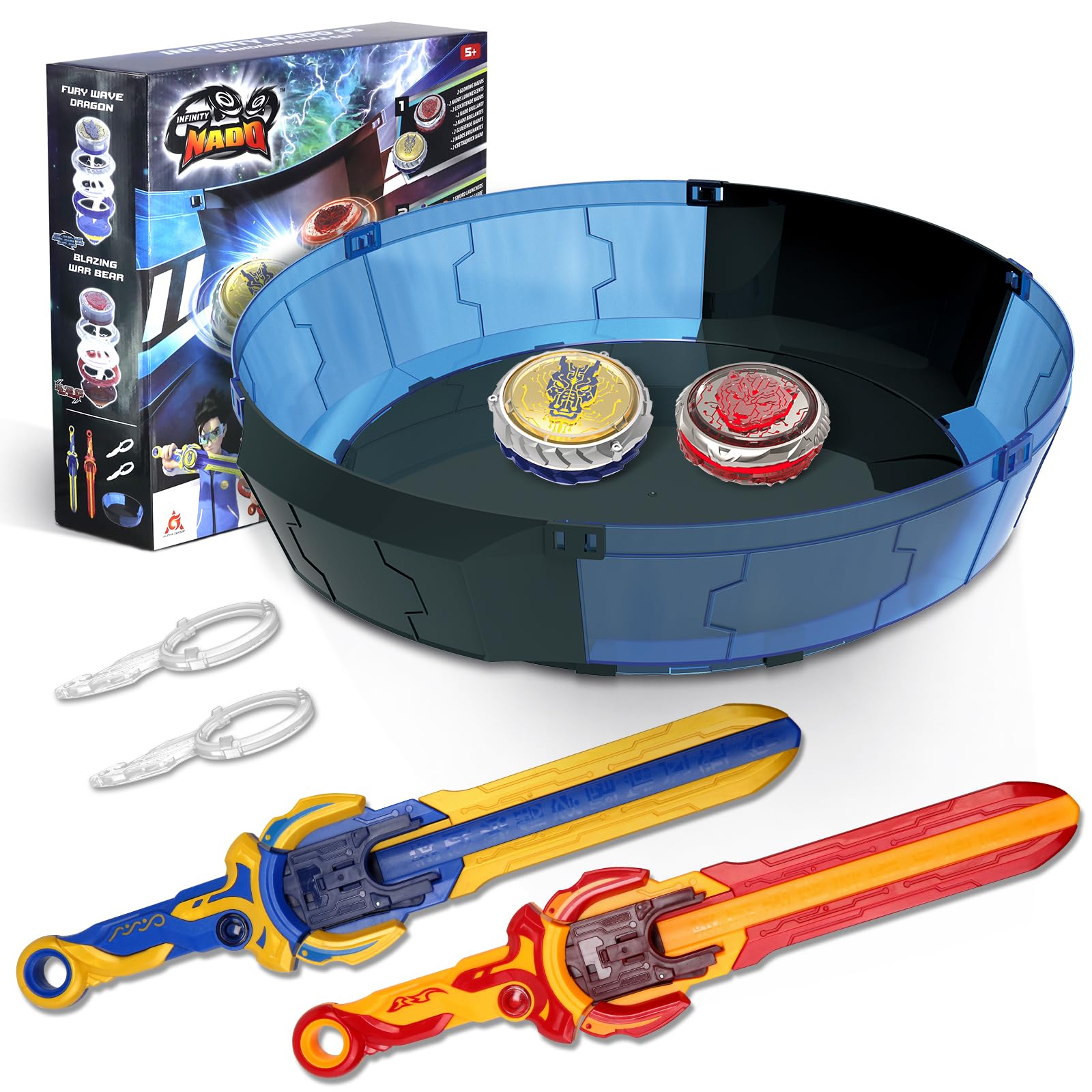 INFINITY NADO Bey Battling cutting edge Toys  Battle Set for 8-12 with Detachable Stadium  2 Spinning Tops & decorative replica blade Launchers  Metal Brust Gyro for Boys Age 5+  Sapphire Blue and Flame Red
