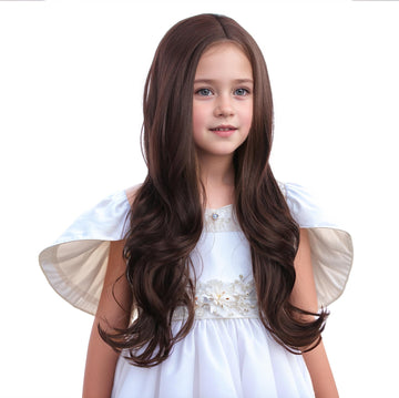Duduwig Kids Mixed Brown Wig Gilrs Long Dark Brown Middle Part Wig Child Long Wavy Curly Wigs Heat Resistant Synthetic Wigs With