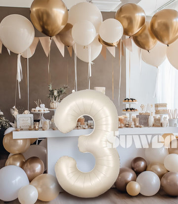 Suwen 40 Inch Cream White Large 3 Number Balloons Big Foil Helium Number Balloons 0-9 Jumbo Happy 3Rd Mylar Birthday Party Decor