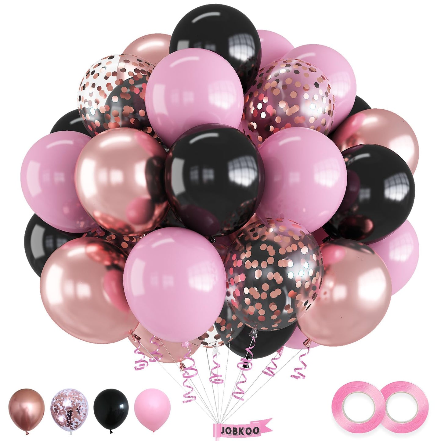 Jobkoo Pink & Black 55Pcs Balloon Set (12Inch) - Rose Gold Confetti, Female Gift, Ideal For Wedding, Birthday, Party Decoration