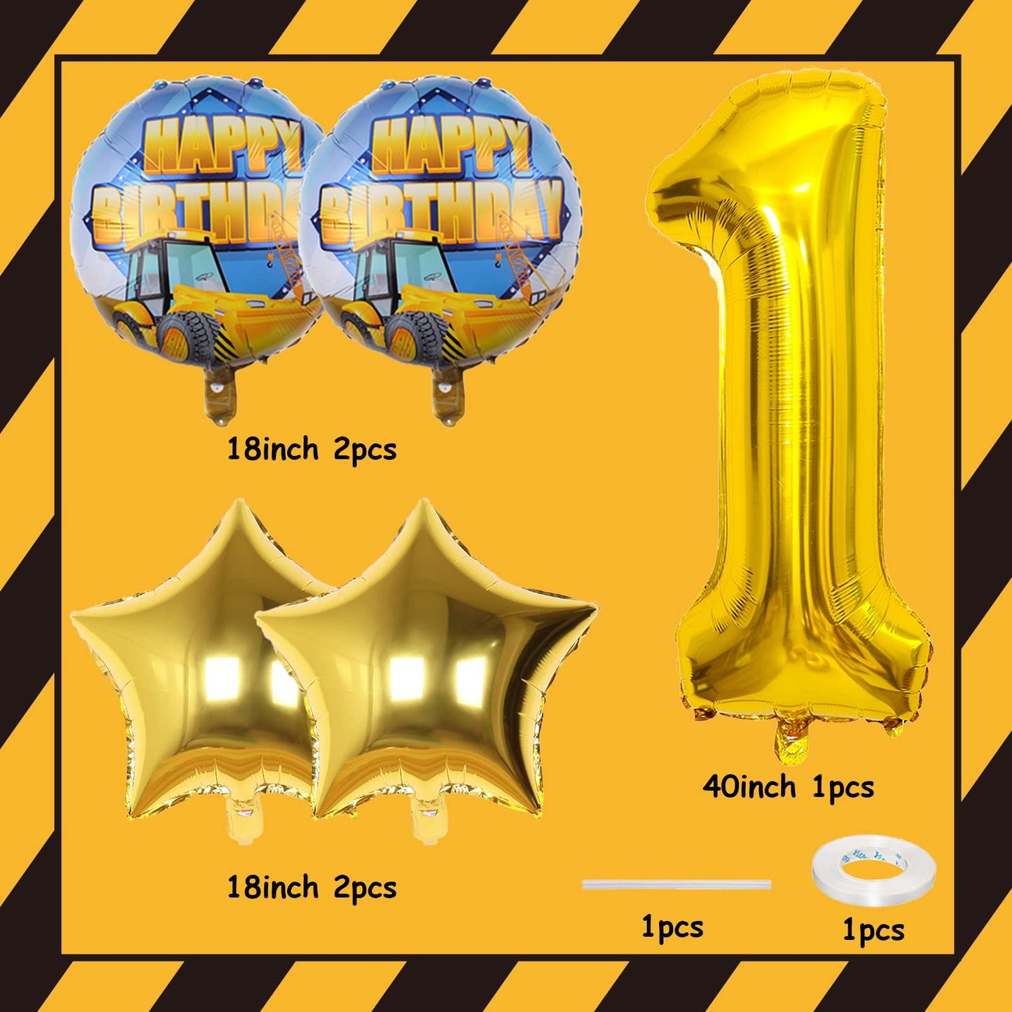 Construction Balloons 1St Birthday, 9Pcs 40 Inch Gold Number 1 Balloons With Large Excavator Dump Truck Crane Bulldozer Foil Myl