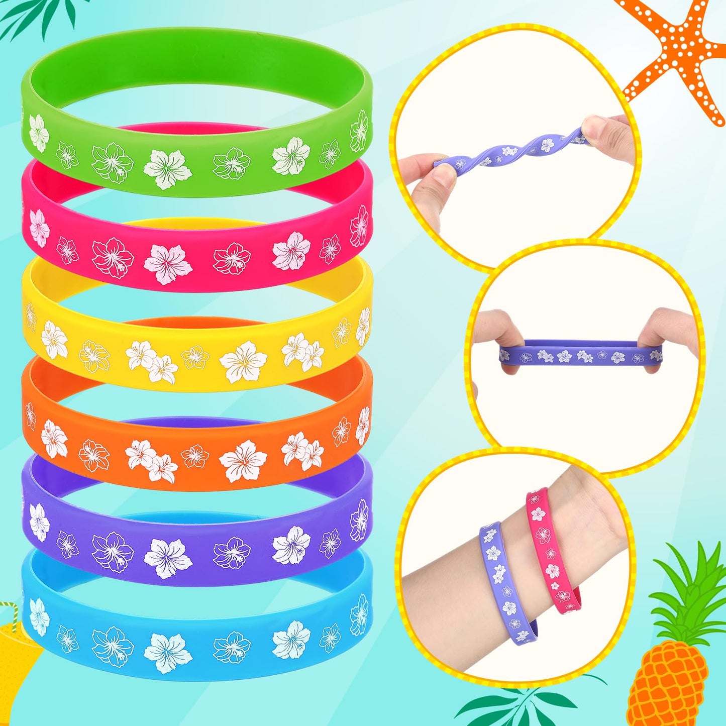 Landical 24 Pcs Hibiscus Birthday Decorations Silicone Bracelets Hawaiian Themed Bracelets Summer Tropical Gift for Tiki Luau Ba