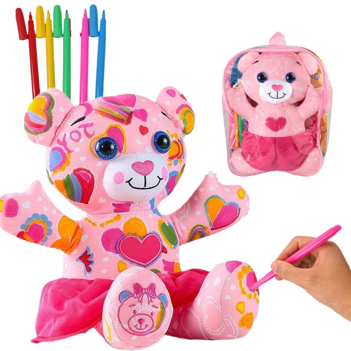 DRAWMYTOY Coloring Plush Toy - Pink Bear, 14.96" Cotton Doll with 5 Washable Markers for Kids Ages 4-6