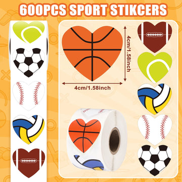 FEBSNOW Sports Stickers for Kids, 600Pcs Valentines Football Basketball Soccer Baseball Self-Adhesive Water Bottle Sticker Heart