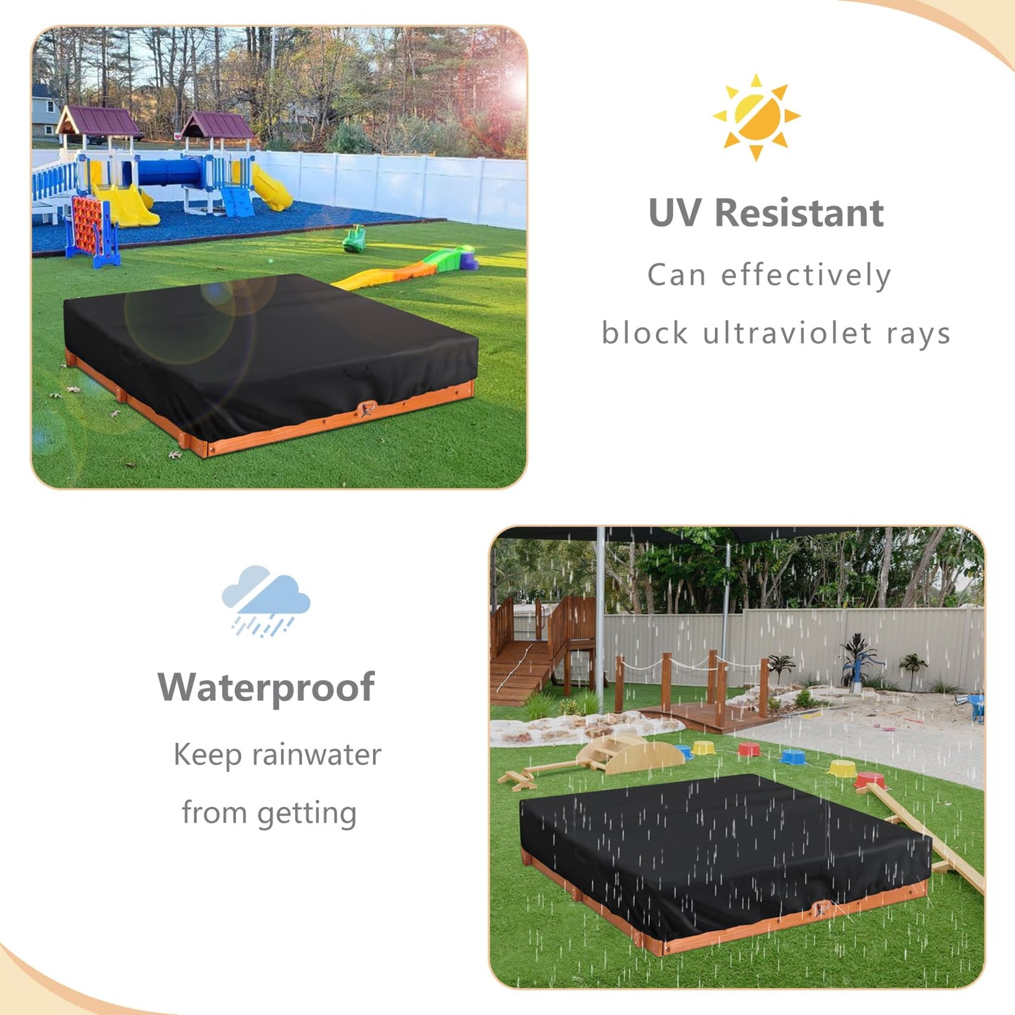 Square Sand Box Cover - Waterproof Dust Proof, Black - Fits 49L x 47W x 8.5H Box