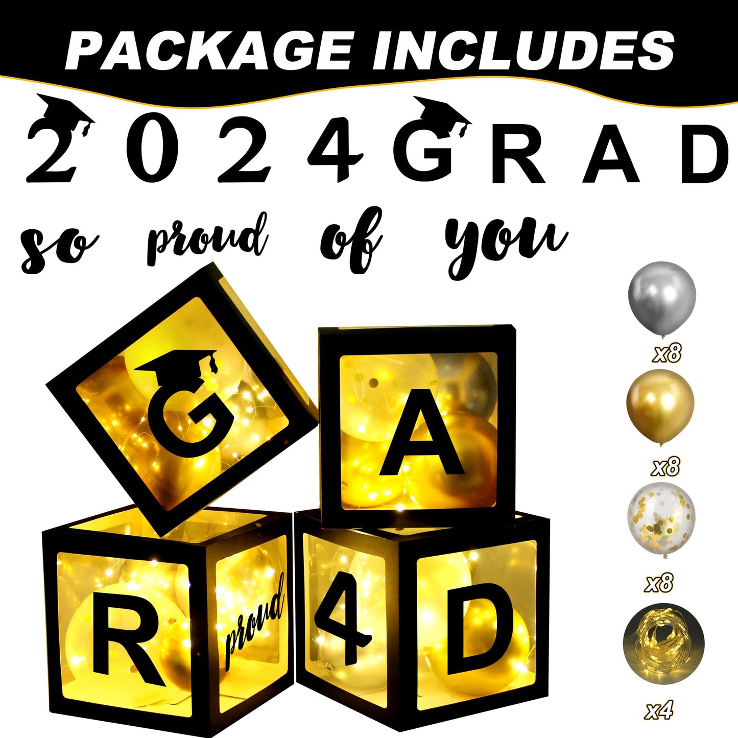 Aoke Graduation Party Decorations 2024 Graduation Balloon Boxes, 4Pcs Graduate Balloon Boxes With Gold Balloon Light Strings Bla