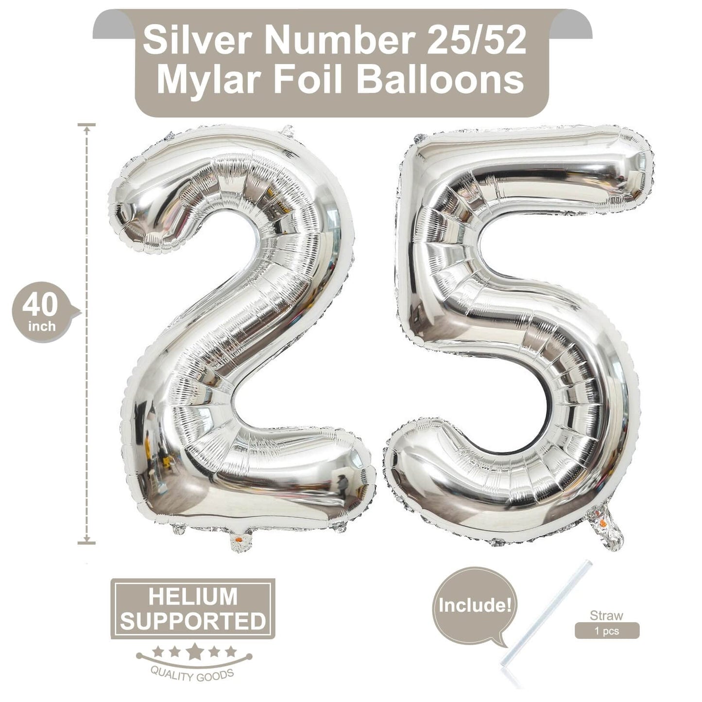 LHOAVWE 40 Inch Silver 25 Foil Mylar Number Balloons - Jumbo 25th Birthday Party Decorations